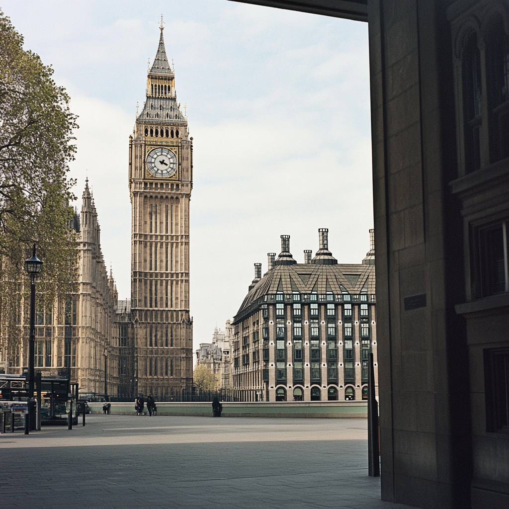 Iconic Big Ben stands out among modern, generic buildings.