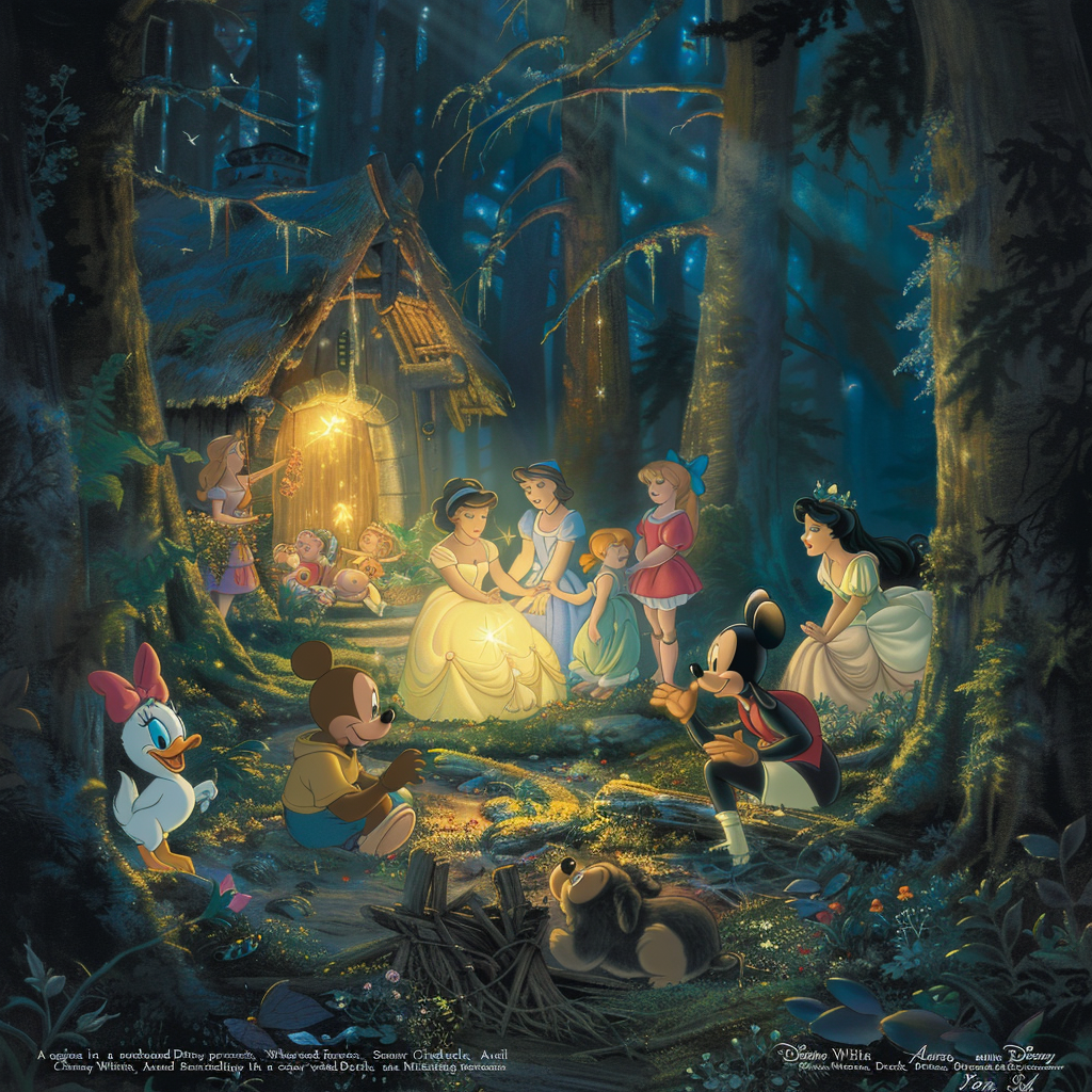 Iconic Disney princesses and characters unite in magical forest.