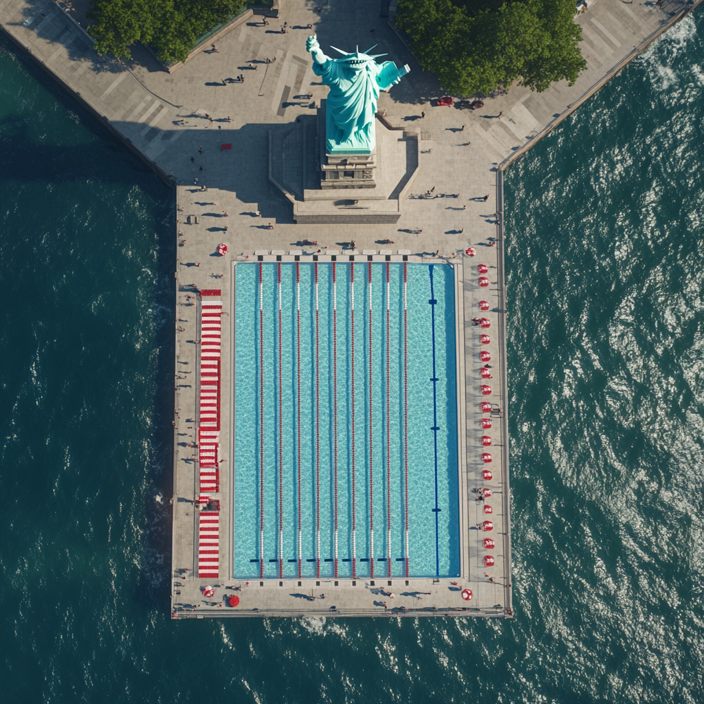 Iconic Olympic Pool at Statue of Liberty - Aerial FujiFilm Raw Shot