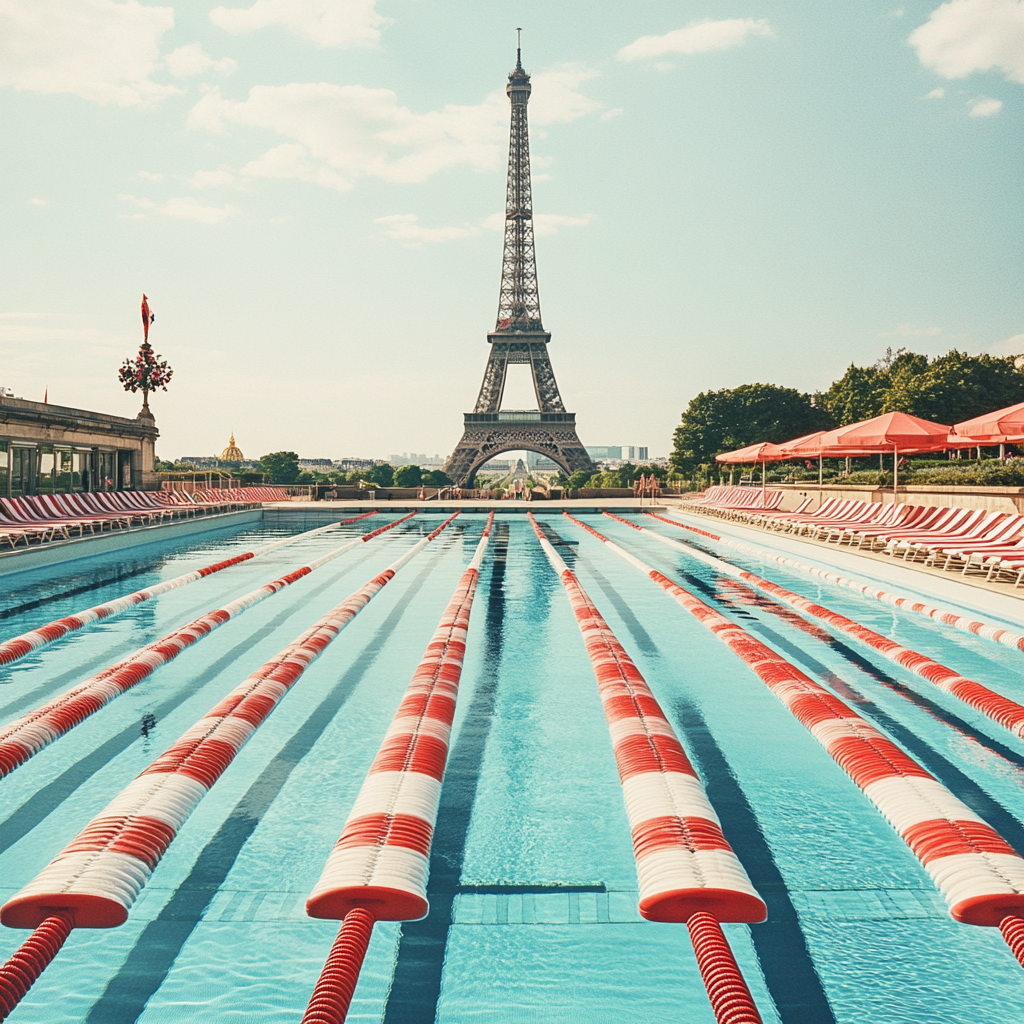 Iconic Olympic Swimming Pool Below Eiffel Tower Fujifilm Style