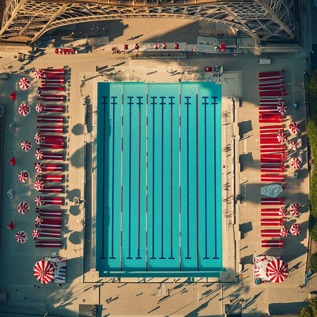 Iconic Olympic Swimming Pool by Eiffel Tower Aerial Shot