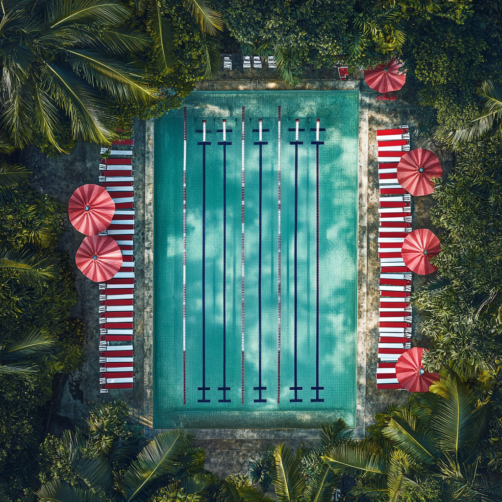 Iconic Olympic Swimming Pool in Amazon Jungle, Aerial Shot