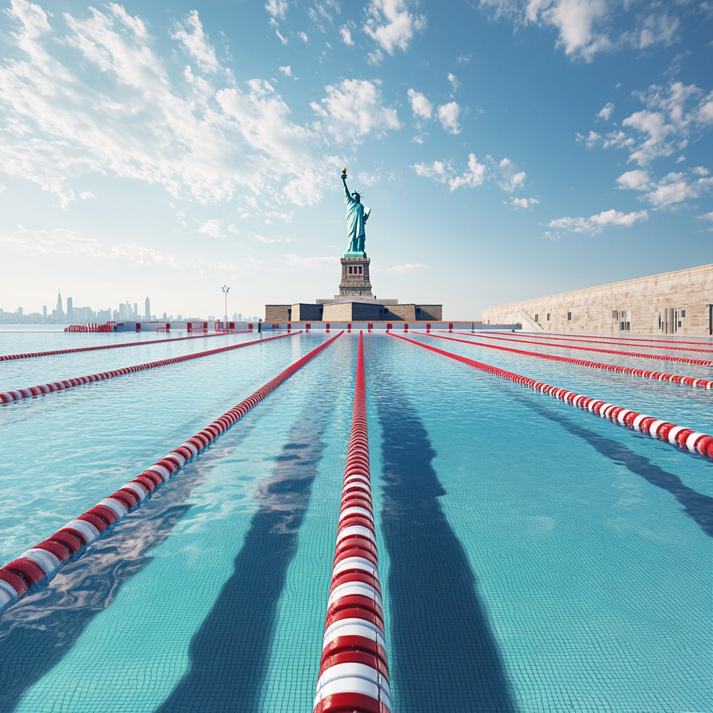 Iconic Olympic swimming pool at Statue of Liberty, Fujifilm style, 1:1 ratio