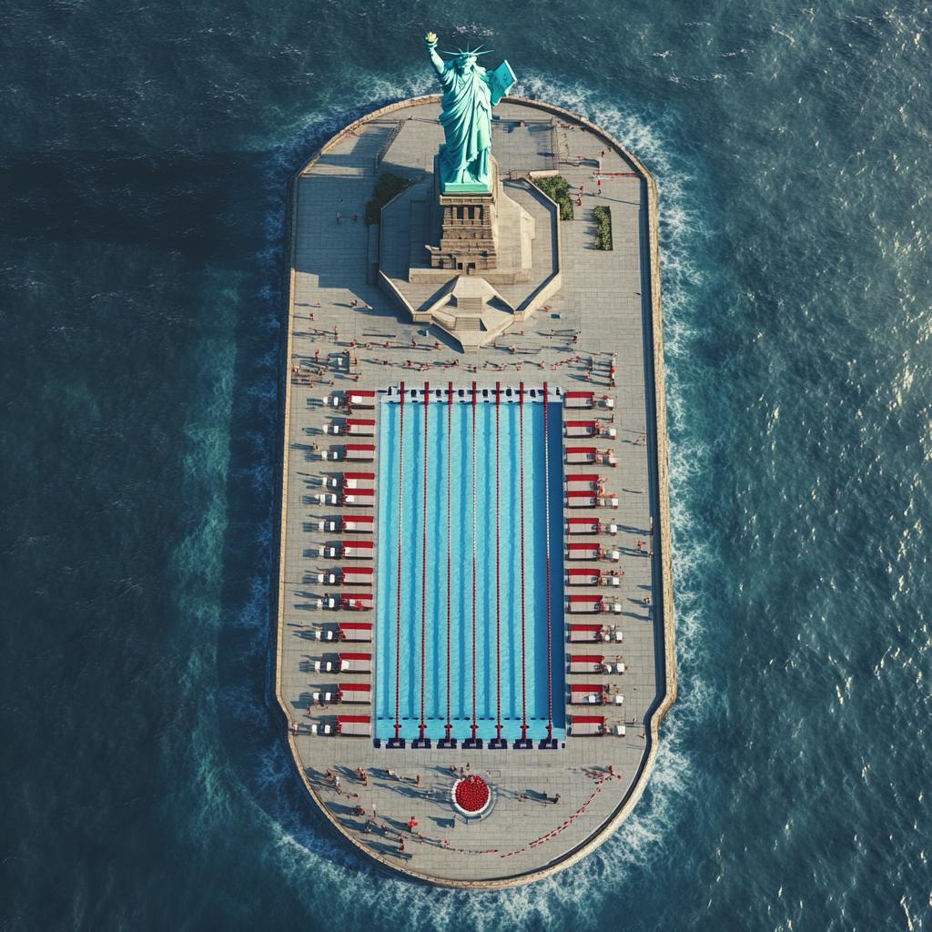 Iconic Olympic swimming pool with Statue of Liberty 