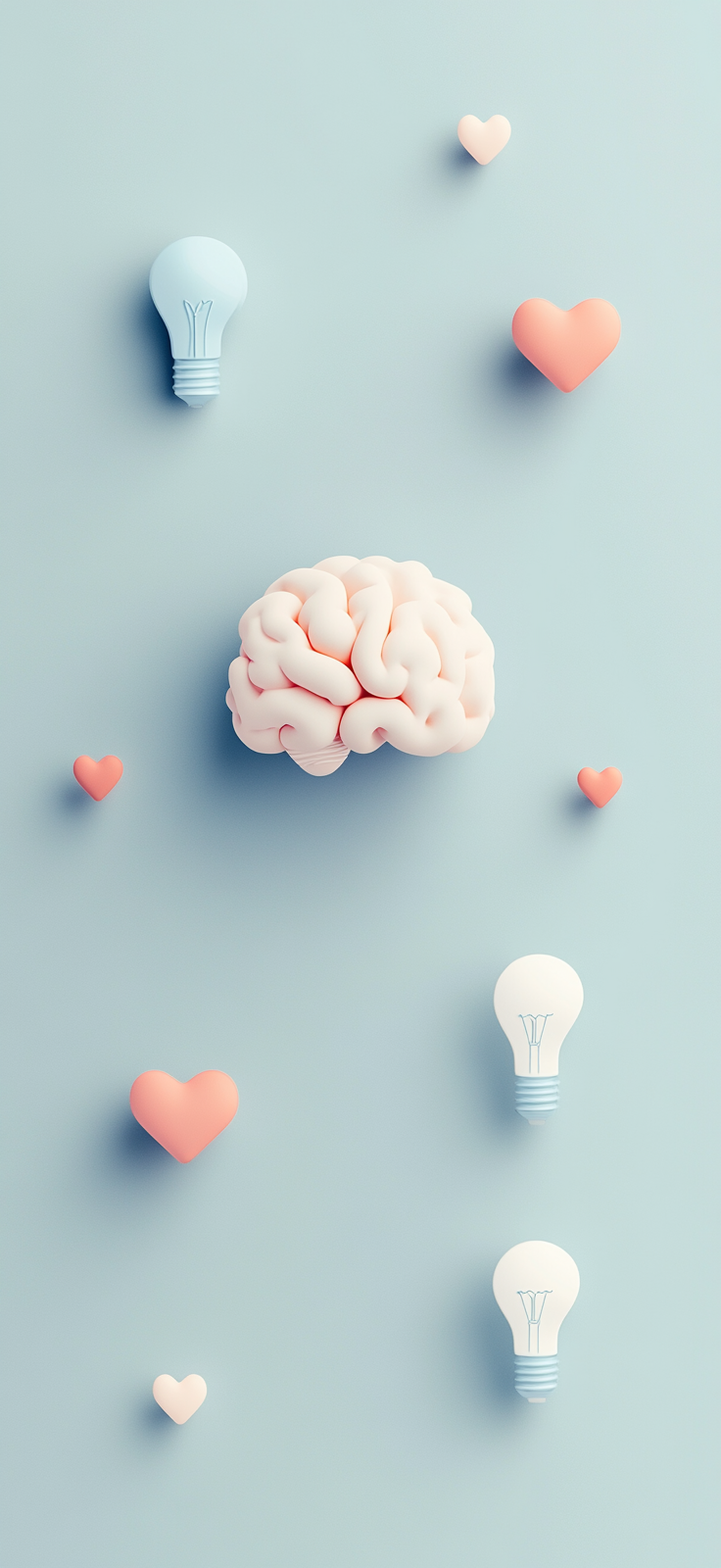 Icons of Brain, Heart, and Lightbulb on Gray Background