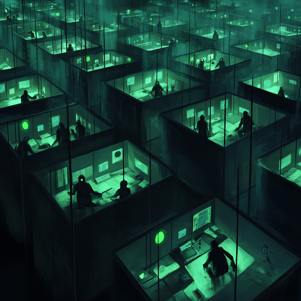 Identical cubicles filled with faceless figures working silently.