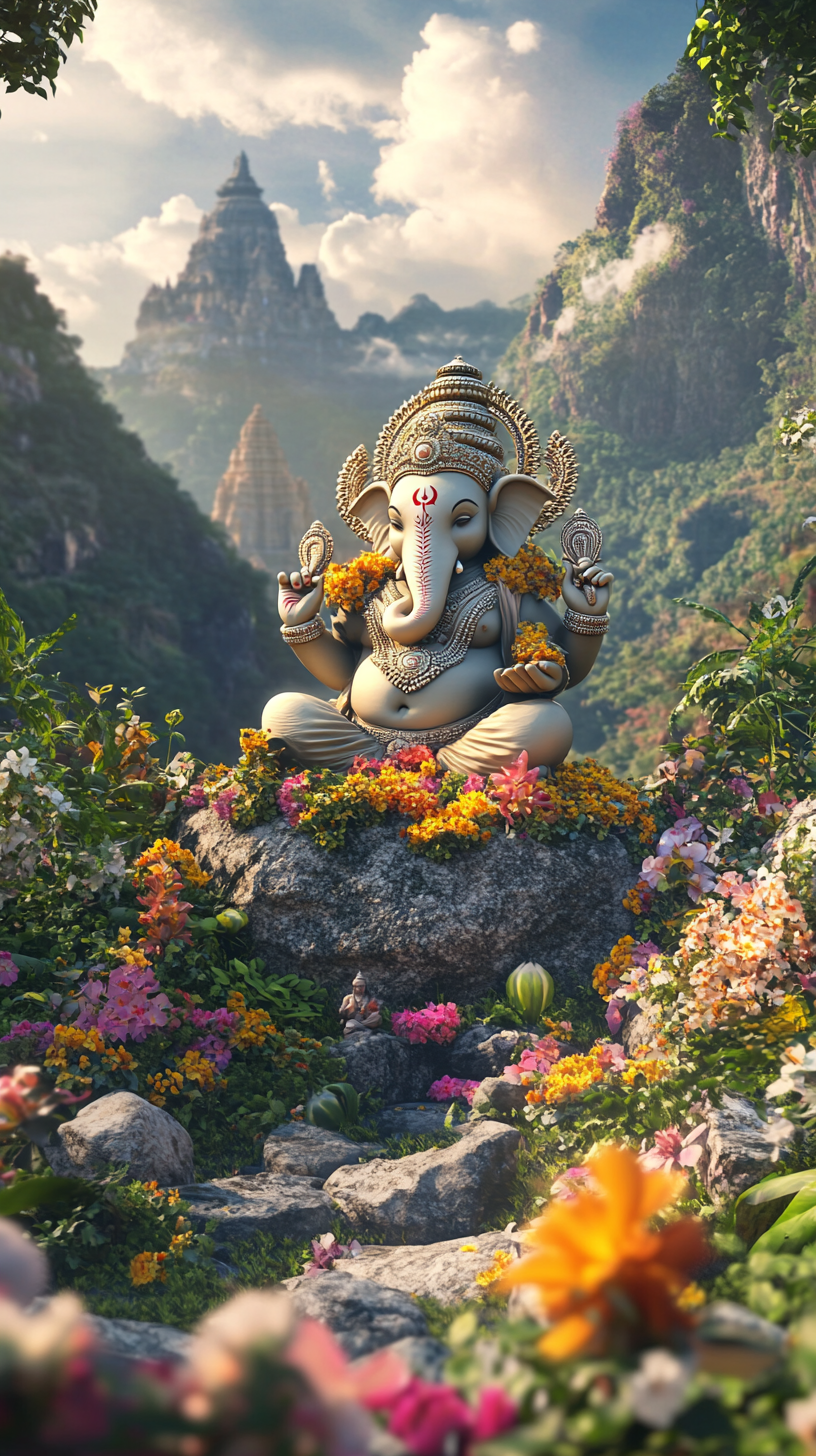 Idol on rock, valley with flowers, Hindu temple, people.