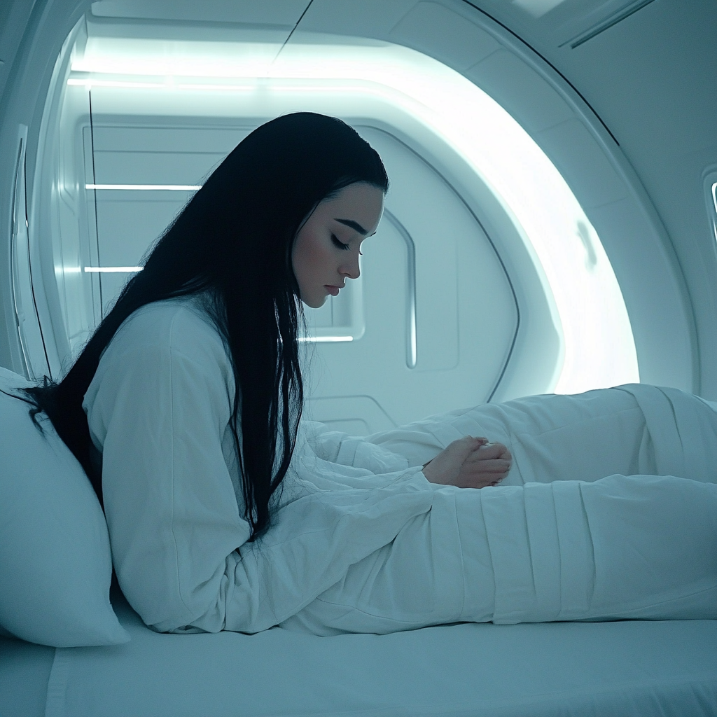 Iggy Azalea and Jennifer Connelly woke up. Sleepy face, futuristic white nightgown.