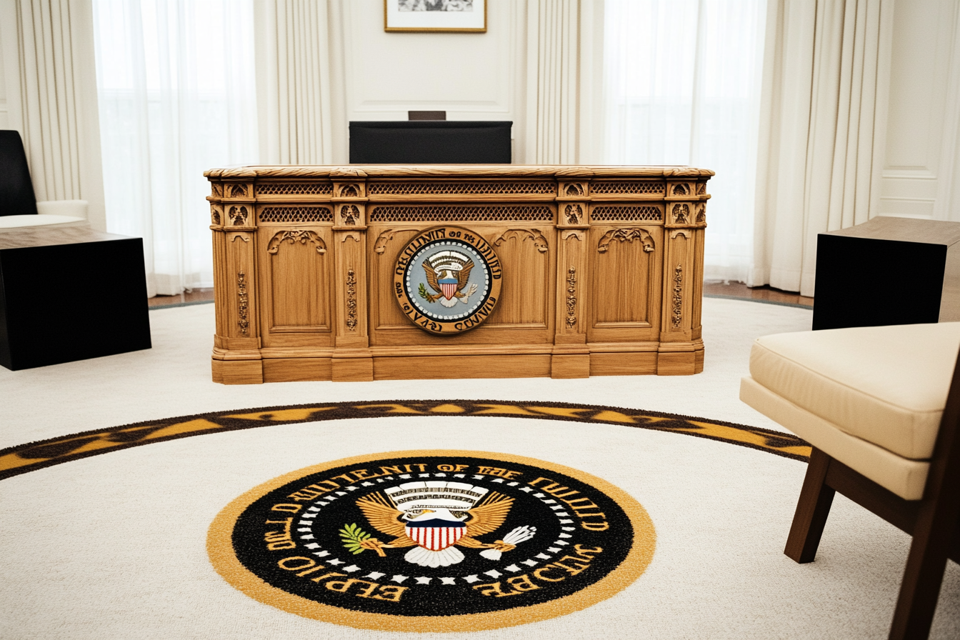 Ikea furniture in Oval Office with Presidential Seal carpet.