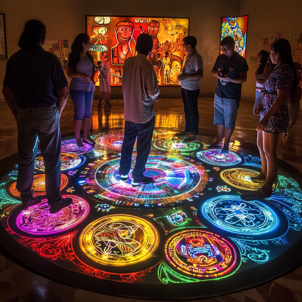 Illuminated board with Michoacan music instruments and circles.