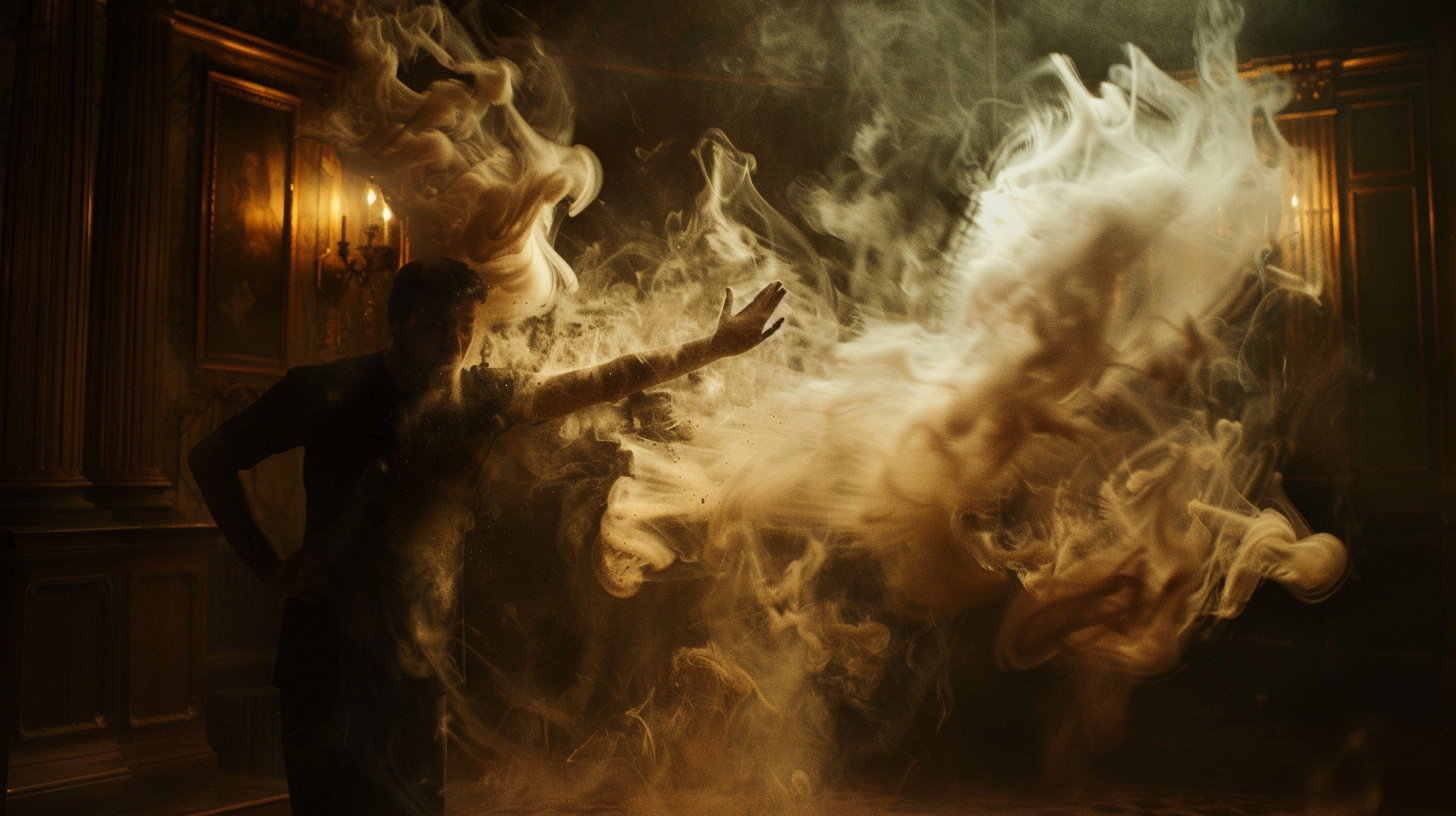 Illusionist creates swirling smoke, dimly lit room.