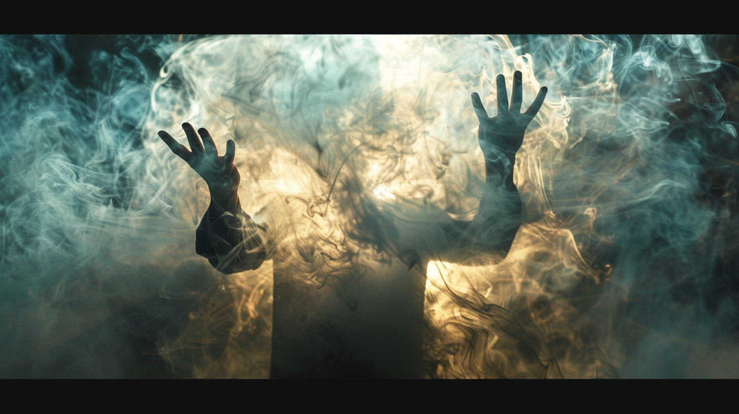 Illusionist dissolves object with swirling smoke, cinematic lighting.