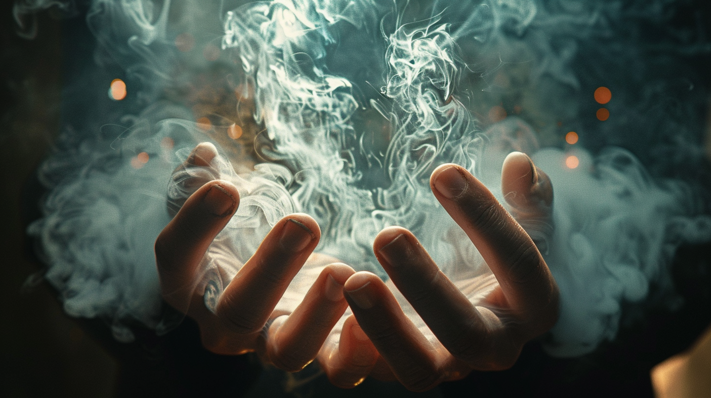 Illusionist transforms object into foggy smoke with lighting.