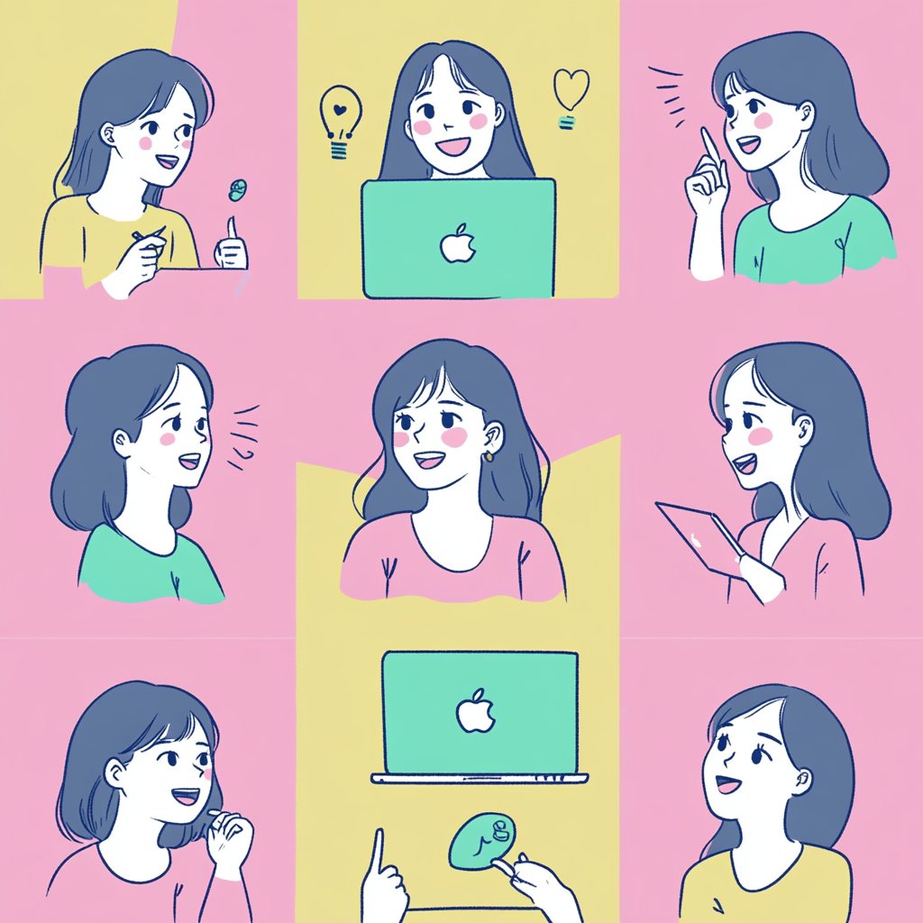 Illustrate 30-year-old Japanese woman with Mac computer, expressions, hairstyles.