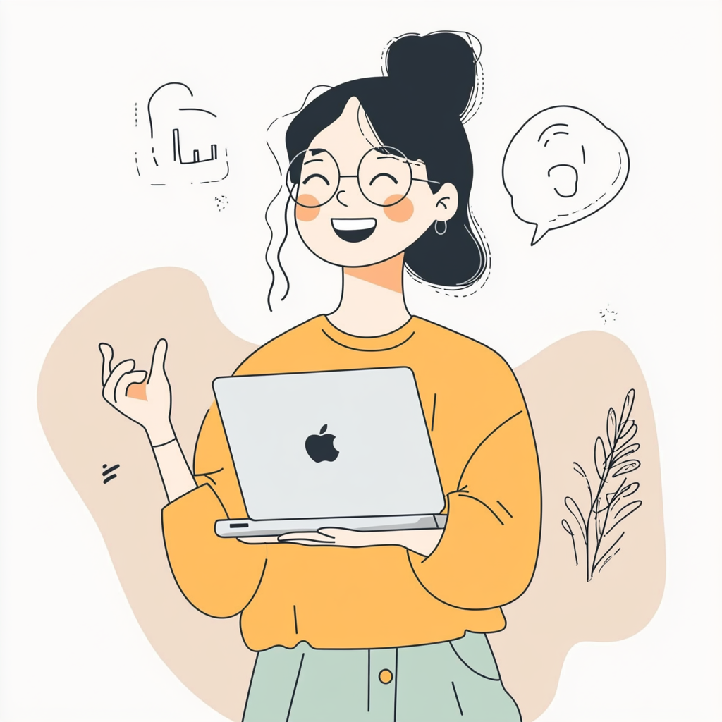 Illustrate 30-year-old Japanese woman with Mac computer.