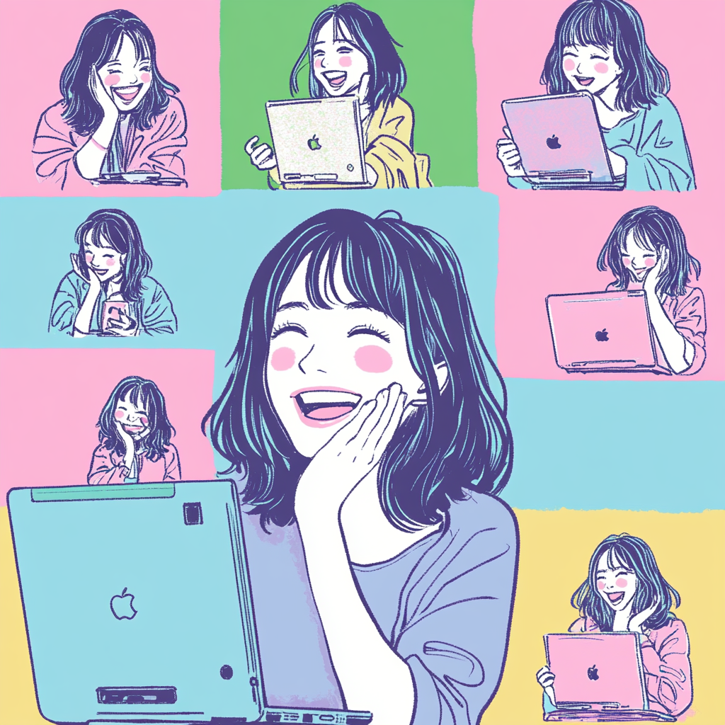 Illustrate Japanese woman with Mac computer in various moods.