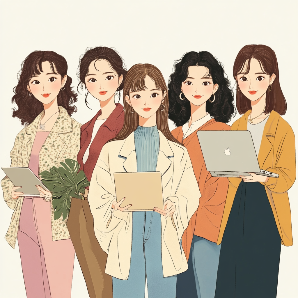 Illustrate five 30-year-old Japanese women with Mac computers.