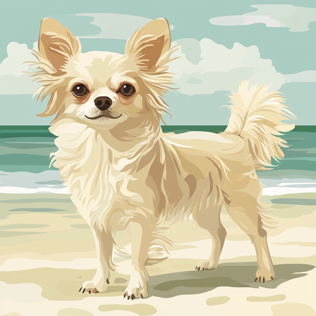 Illustrate long-haired Chihuahua on beach with ocean.