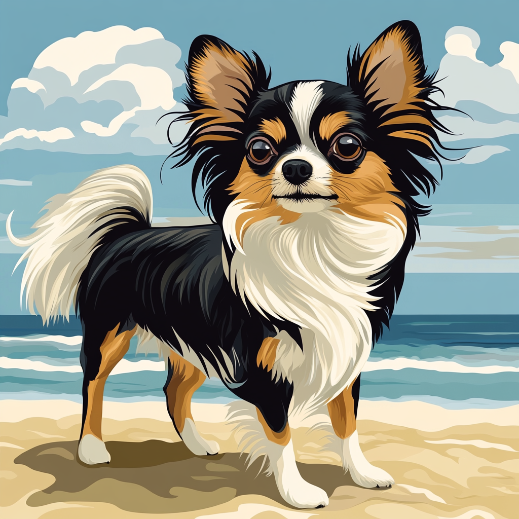 Illustrate single long-haired Chihuahua on beach. Flat design.