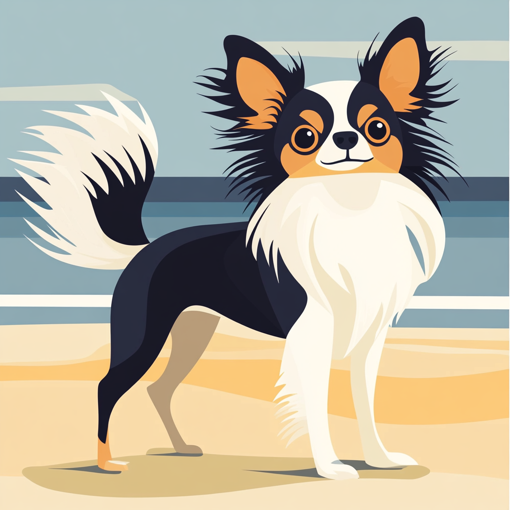 Illustrate small long-haired Chihuahua on beach. Flat design.