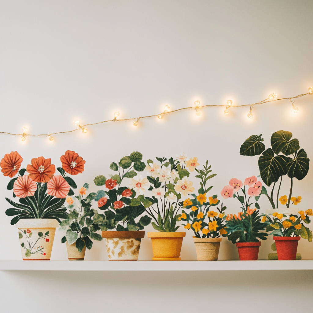 Illustrated flowers and houseplants on cozy shelf.