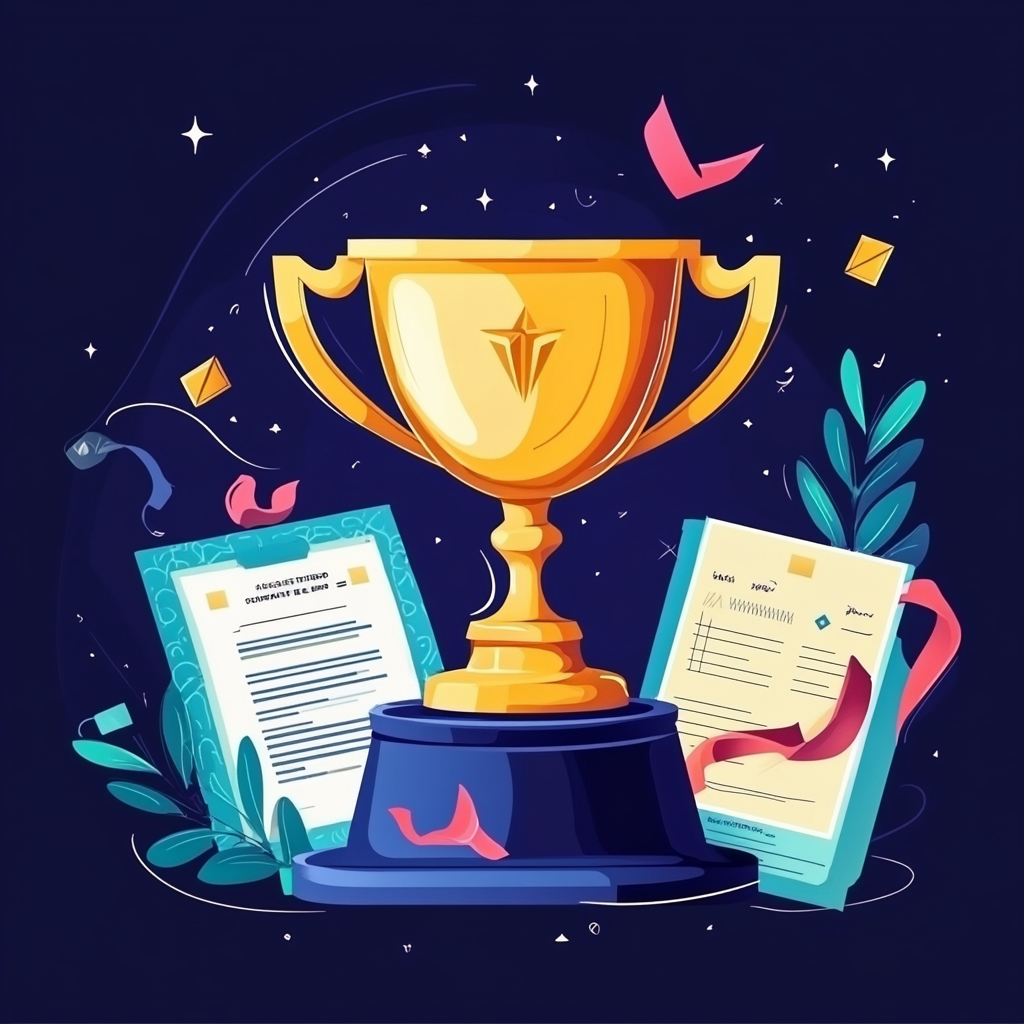 Illustrated trophy with stylized ribbons, certificates, success graphics.