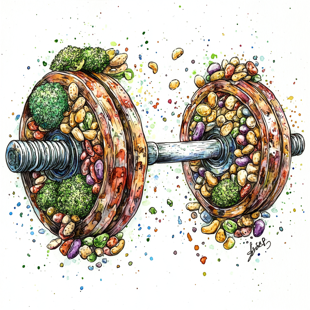 Illustration and drawing of barbell made of healthy foods.