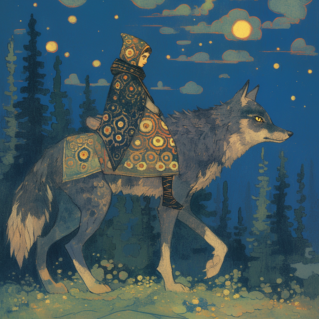 Illustration by Ivan Bilibin depicts boy on wolf.