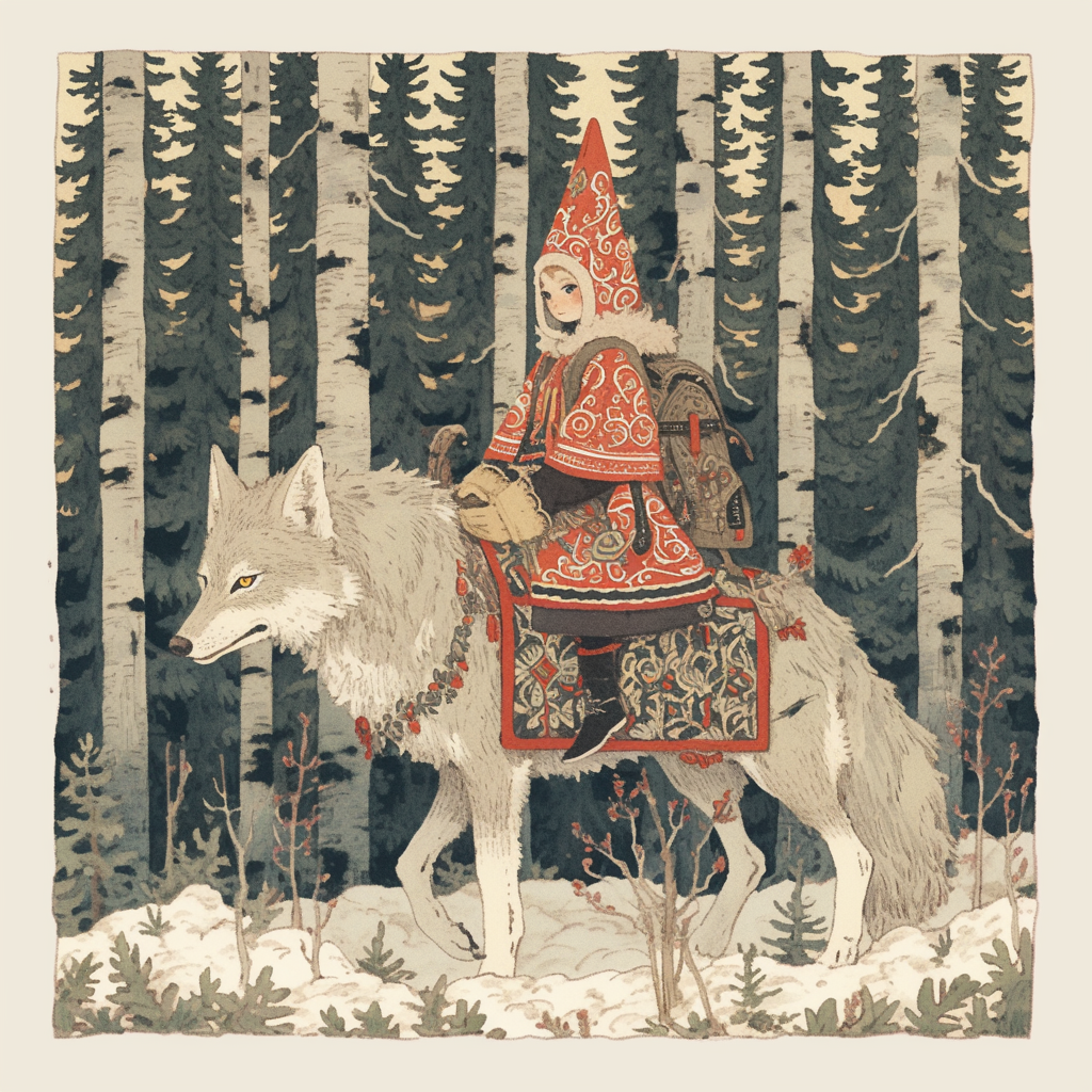 Illustration by Ivan Bilibin of boy riding wolf.