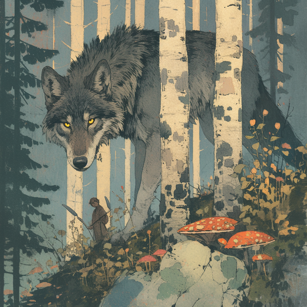 Illustration by Ivan Bilibin with wolf and boy.