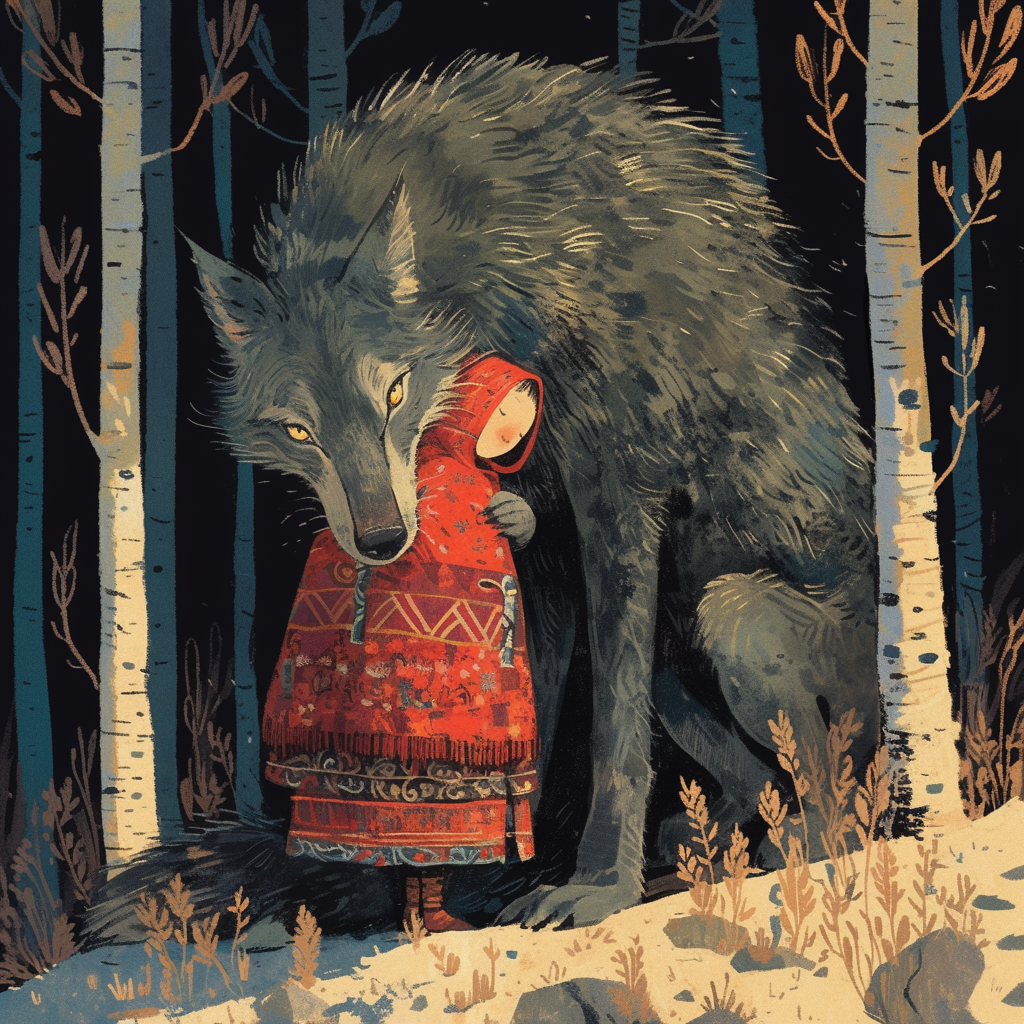 Illustration by Ivan Bilibin: wolf embracing baby. Folklore style.