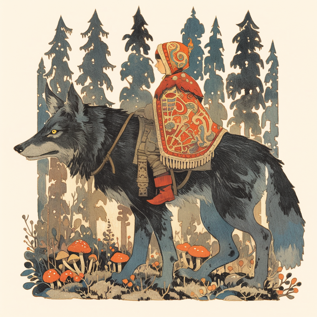 Illustration inspired by Russian fairy tales featuring wolf and boy.