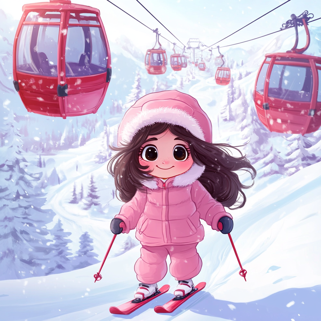 Illustration of 10 year old girl skiing happily.