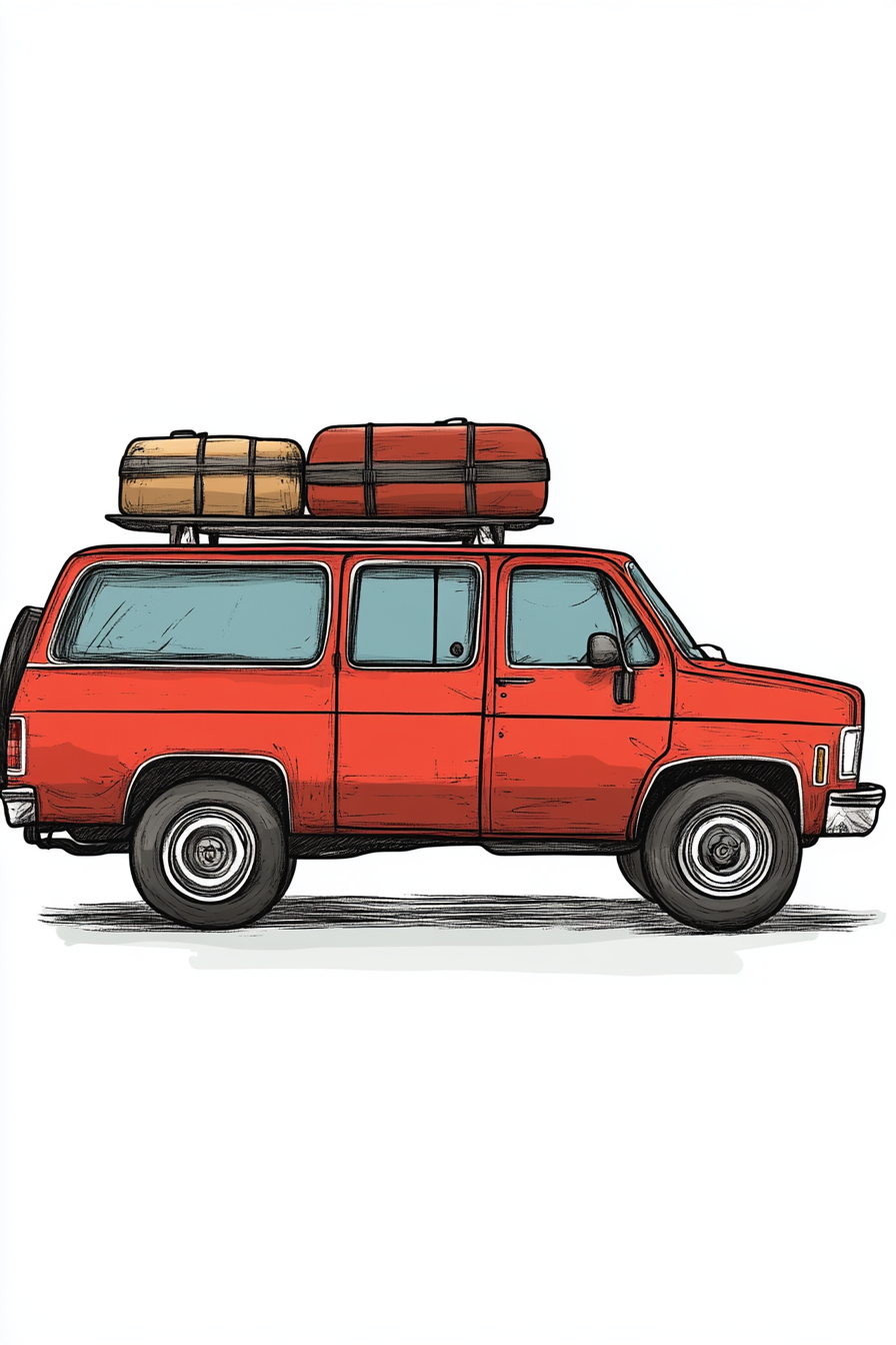 Illustration of 1980s red Chevy van with luggage.