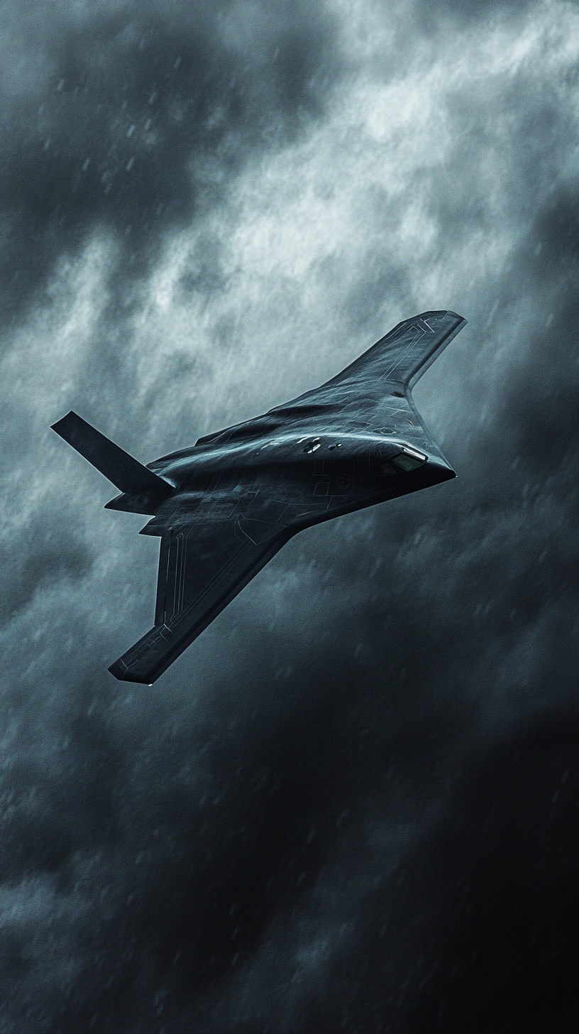 Illustration of B-21's sleek, stealth design against stormy sky.