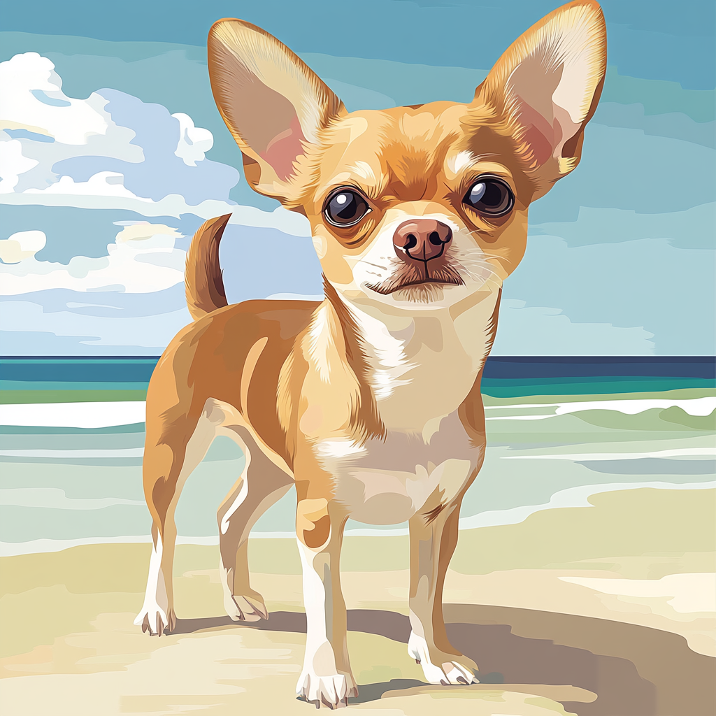 Illustration of Chihuahua on beach with calm expression.