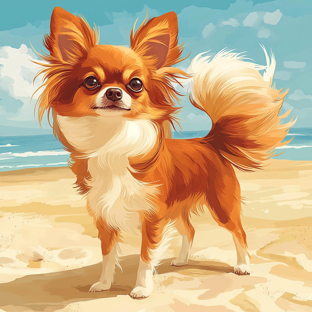 Illustration of Chihuahua with long hair on beach.