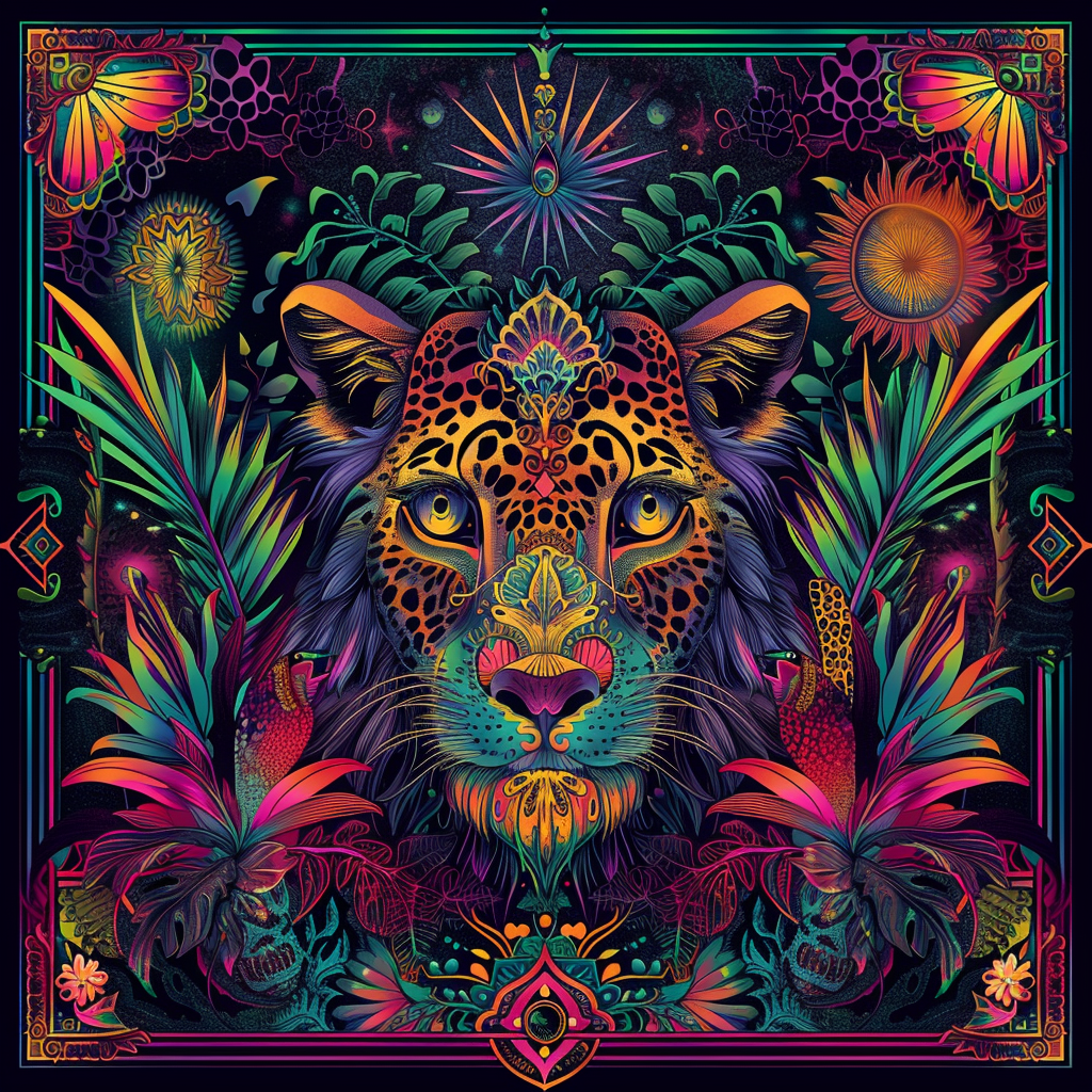 Illustration of Exotic Animal with Psychedelic Foliage on Retro Vintage Background