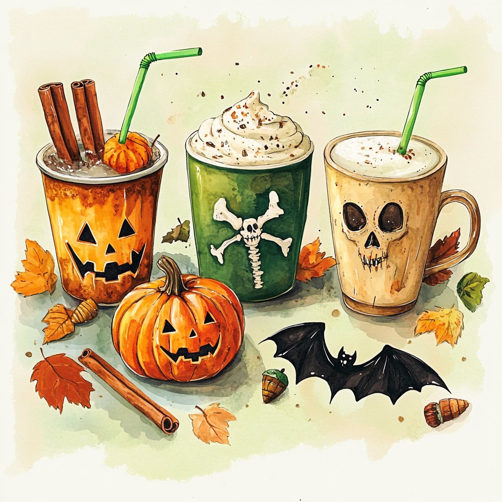 Illustration of Halloween and autumn-themed drinks in mugs.