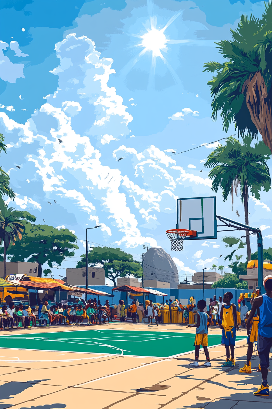 Illustration of Nigerian basketball court with vibrant colors and locals.