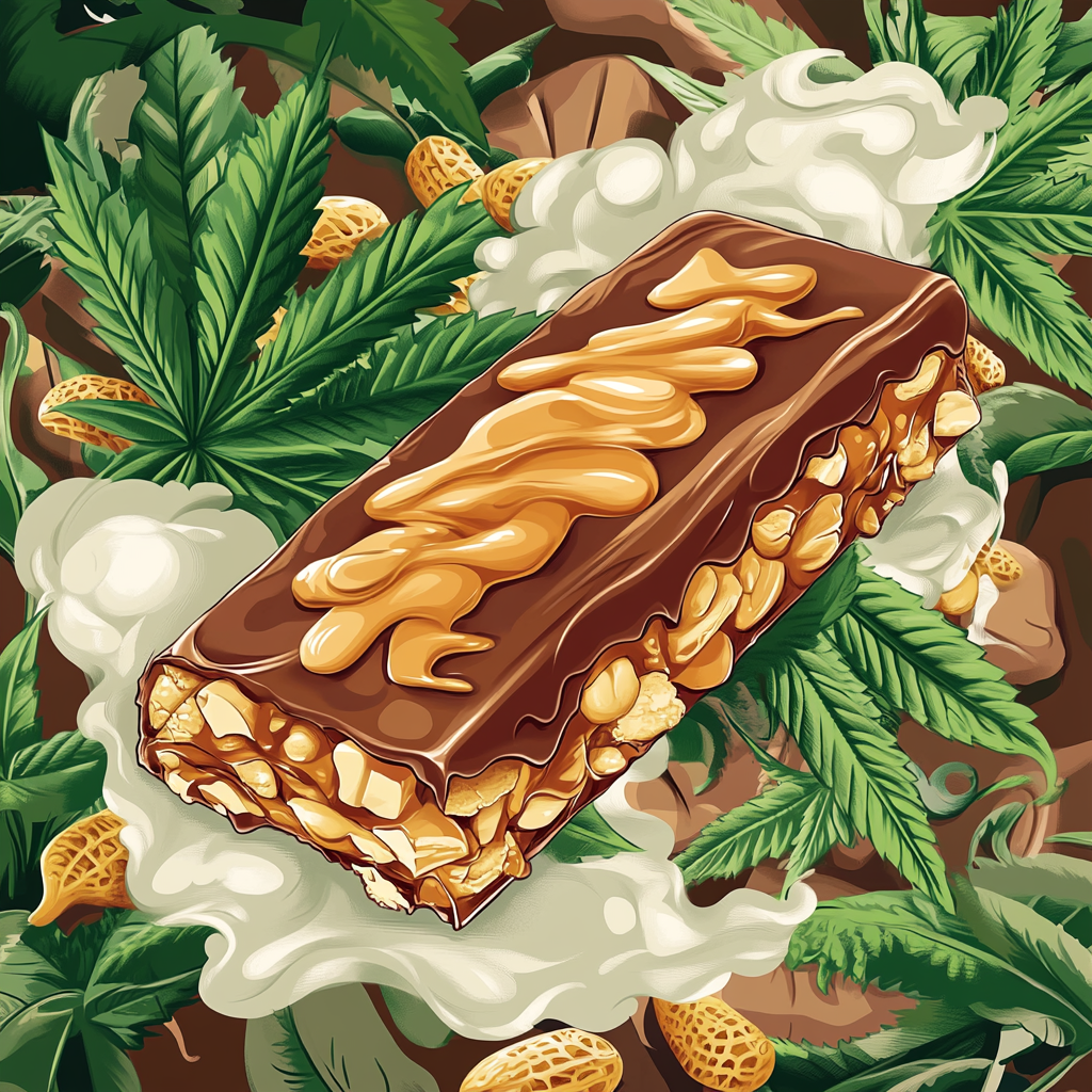 Illustration of Snickers bar with cartoon cannabis leaves.