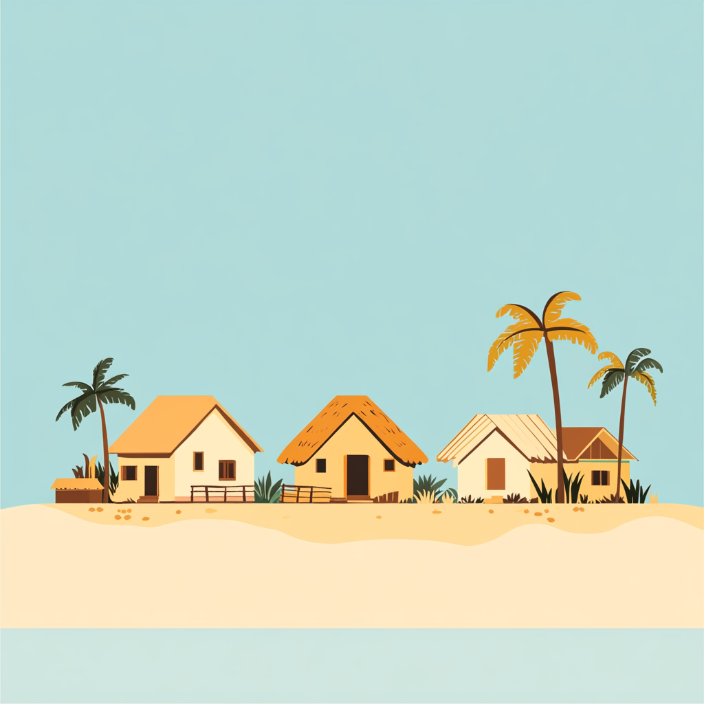 Illustration of a simple Madagascar village with palm trees.