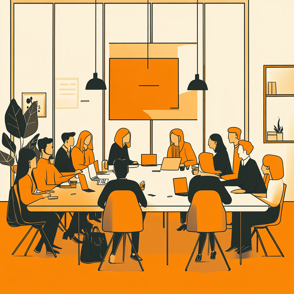 Illustration of a warm, connected business meeting room.