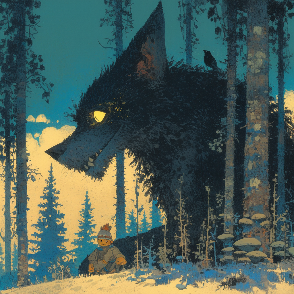 Illustration of a wolf and boy in forest.