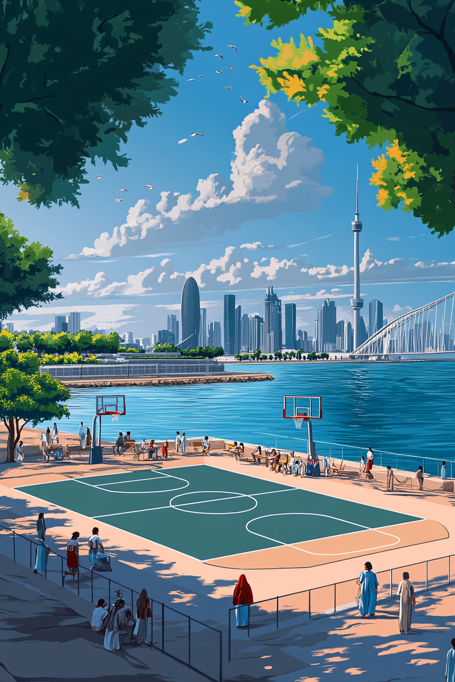 Illustration of basketball court by Kuwait coast, with locals.