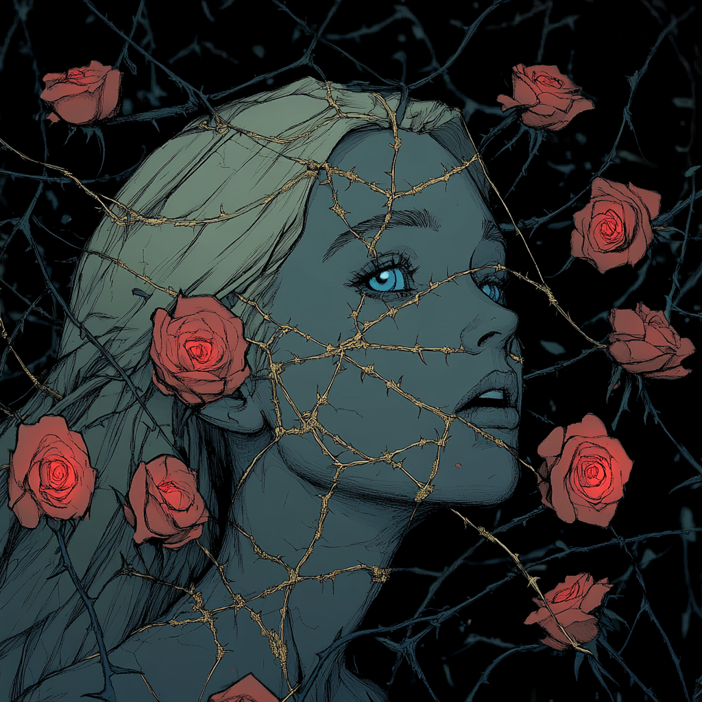 Illustration of blue eyed queen with red roses.