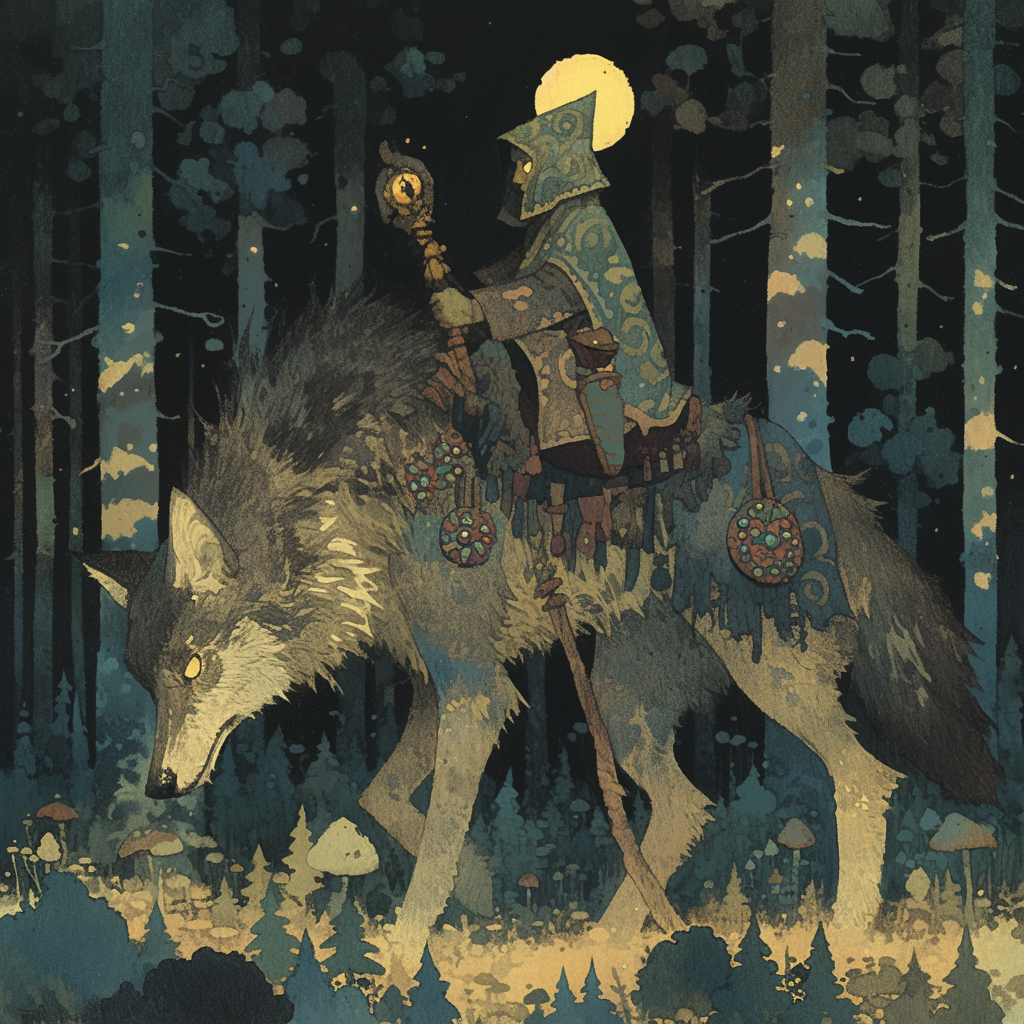 Illustration of boy riding wolf in dark forest.