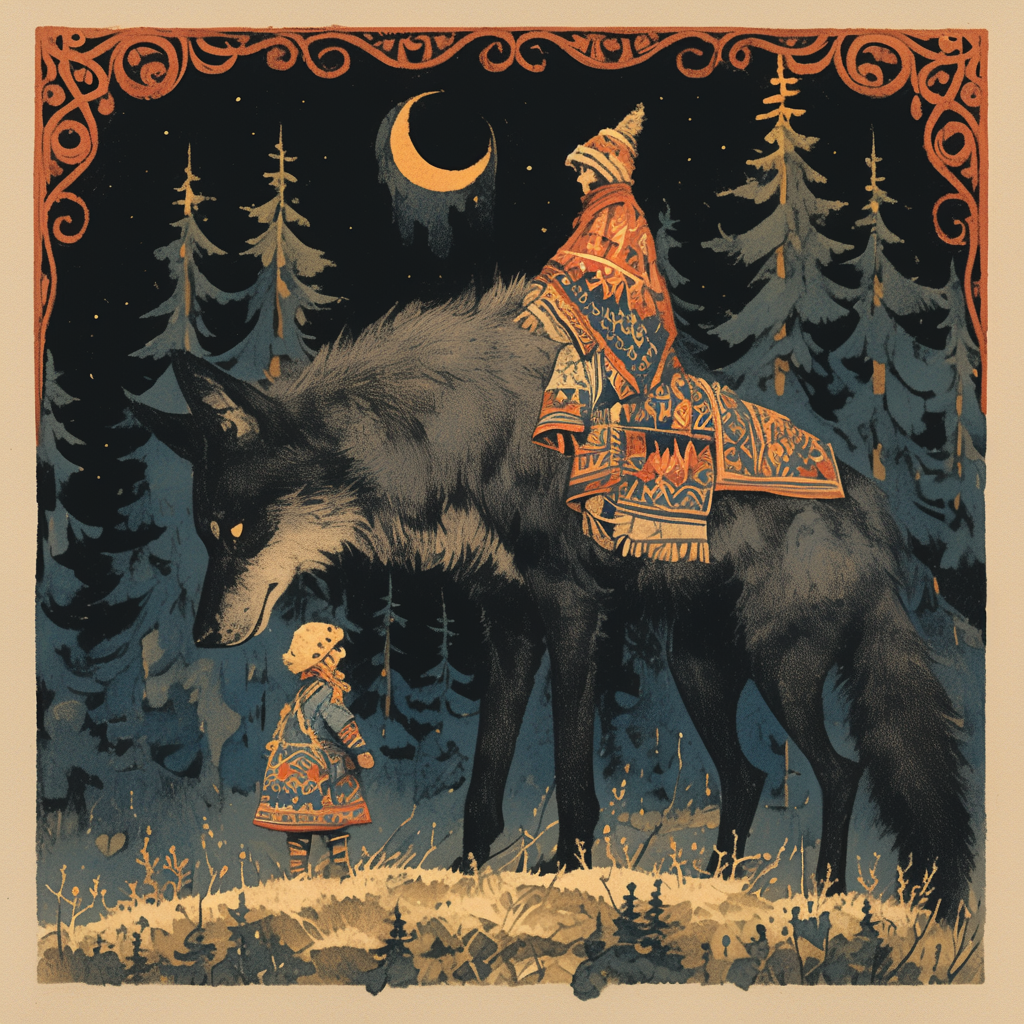 Illustration of boy riding wolf through forest at night.