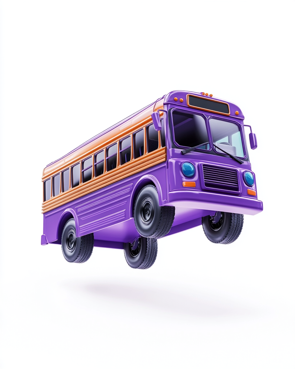 Illustration of bus jumping in air, purple logo.