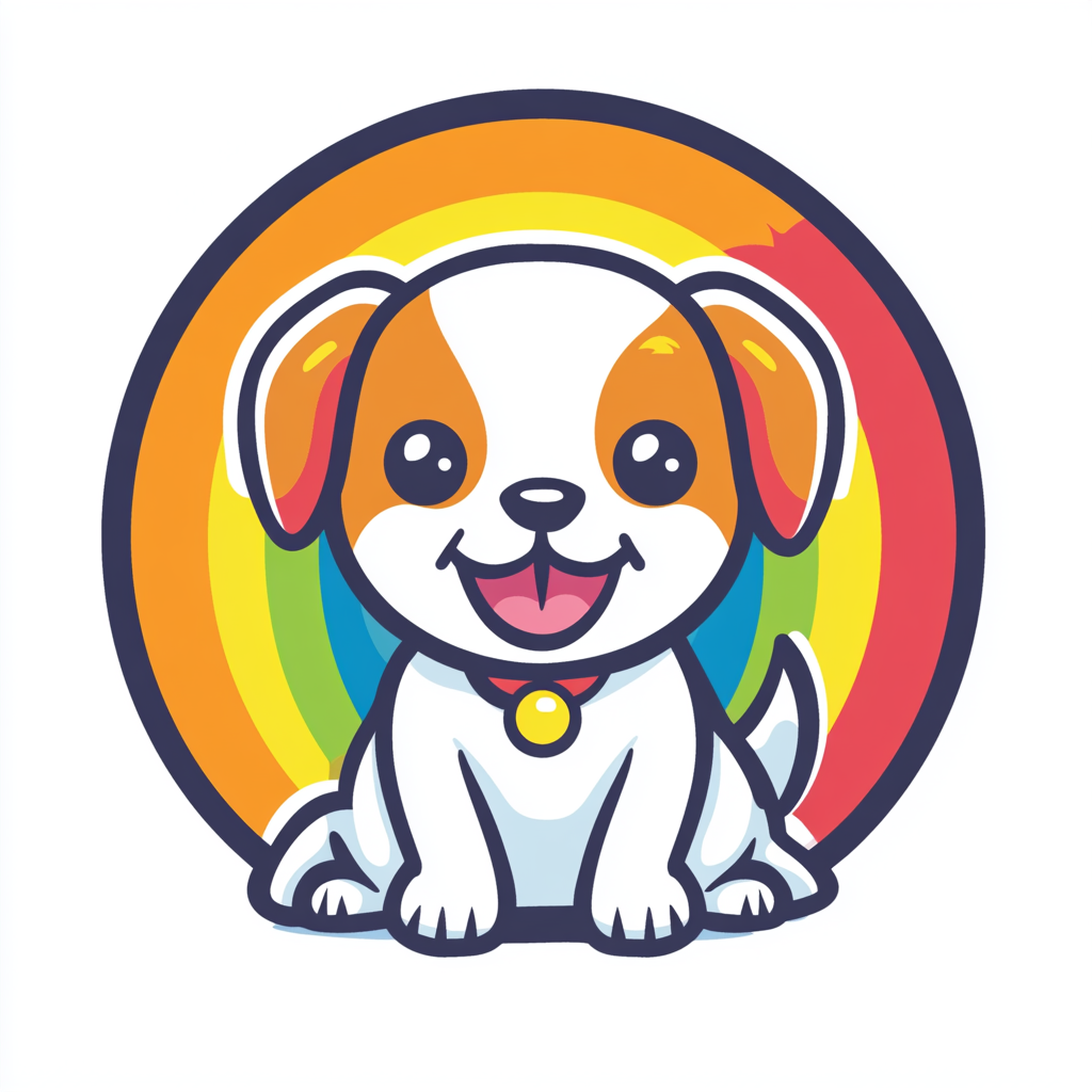 Illustration of cheerful puppy getting groomed with rainbow background.